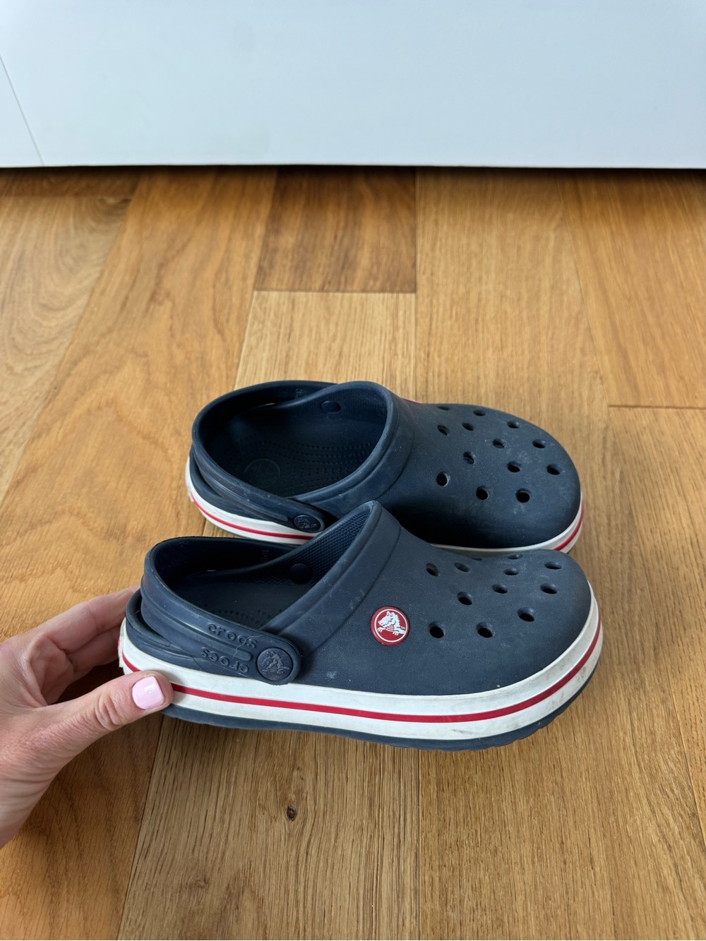 CROCS Kids Navy Blue Clogs with Red and White Stripe